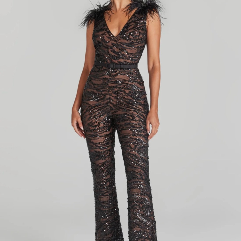 Black Sequin Jumpsuit with Feather Detail